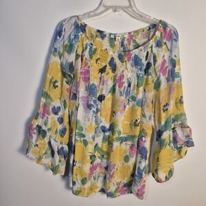 Zac & Rachel W 1X Plus Lightweight Boho Floral Airy Smocked Neck Flutter Sleeve